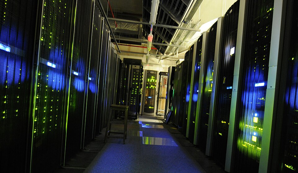 Aisle of computer server racks at The National Archives in the United Kingdom
